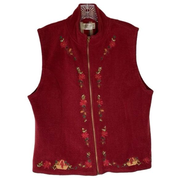 Longaberger Vintage 80s Red Fleece Zip Up Embroidered Basket Sleeveless Vest L - Picture 1 of 9